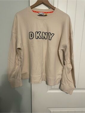 DKNY Cream Sweatshirt with Embroidered Patch Lettering Logo